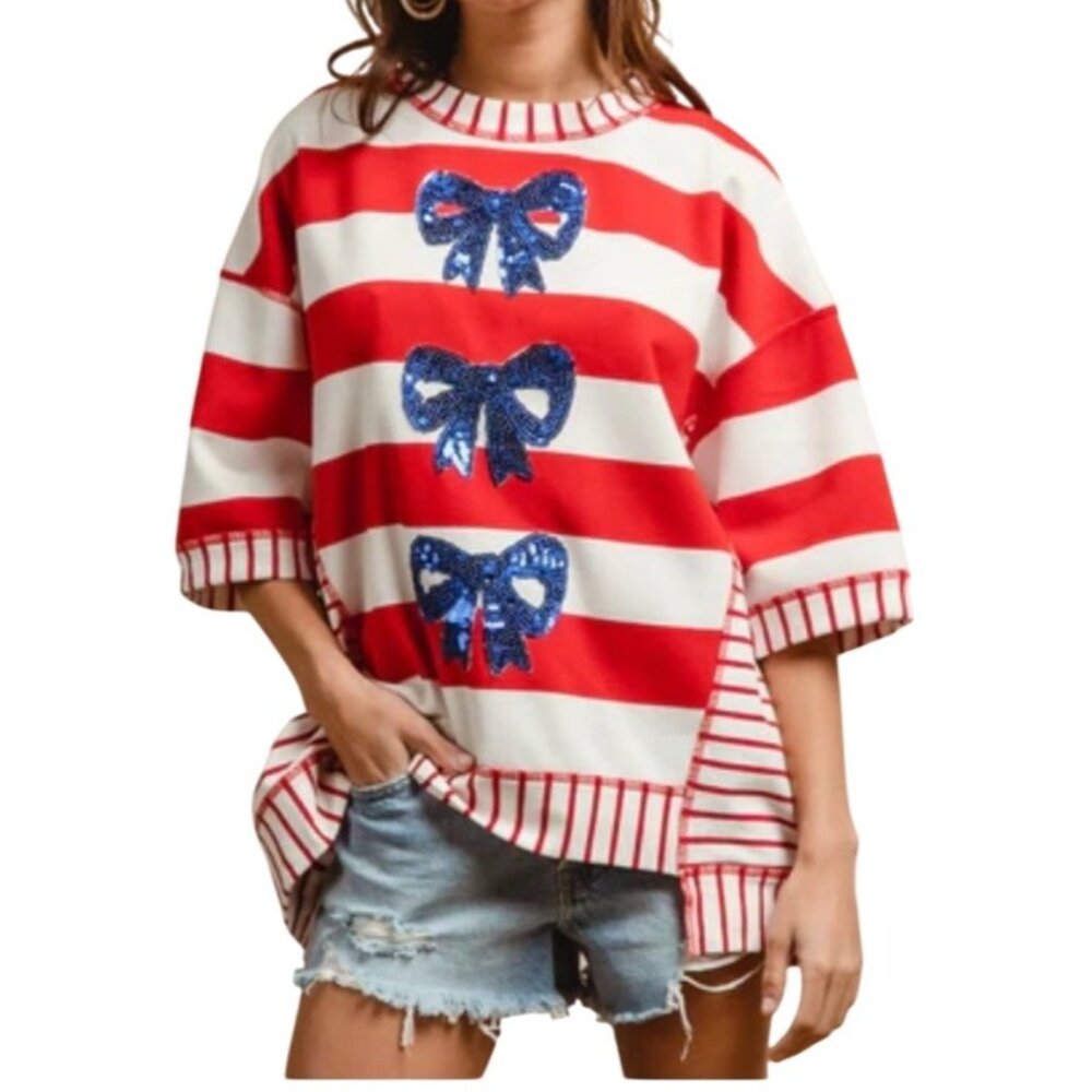 BiBi OVERSIZED Mix n Match Stripe Top Size XL with Sequin Bows in Red